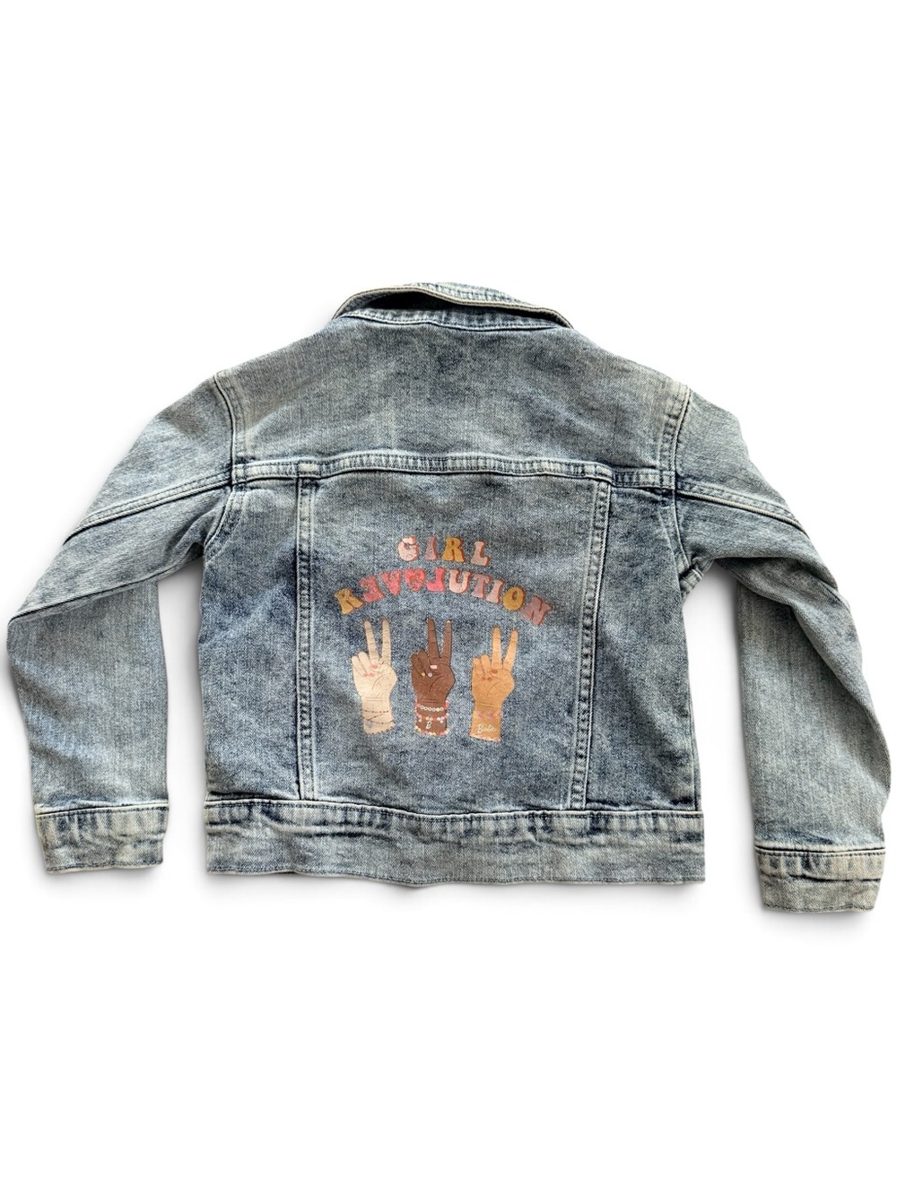 Barbie Light Blue Denim Jacket with Multicolor 'Girl Revolution' Back Art Girls